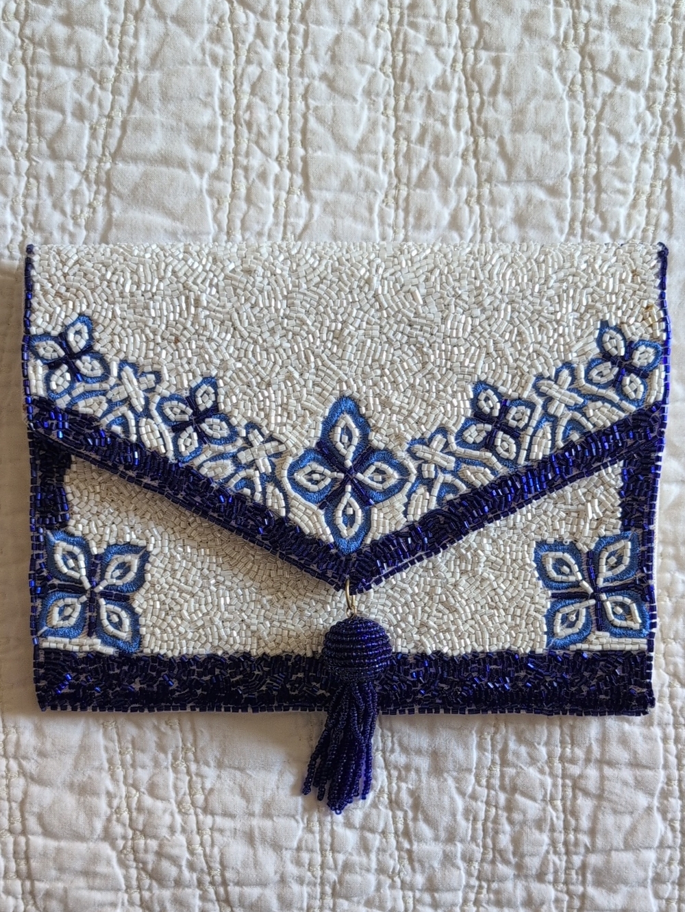 Beaded White and Blue Envelope Clutch Bag - Elegant Tassel Detail